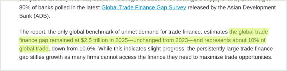 ADB news release, highlighted: the global trade finance gap remained at $2.5 trillion in 2025, about 10% of global trade.