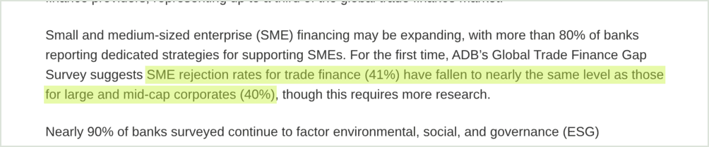 ADB release, highlighted: SME rejection rates for trade finance (41%).