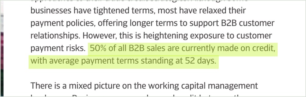 Atradius India 2025, highlighted: 50% of B2B sales on credit, average payment terms 52 days.