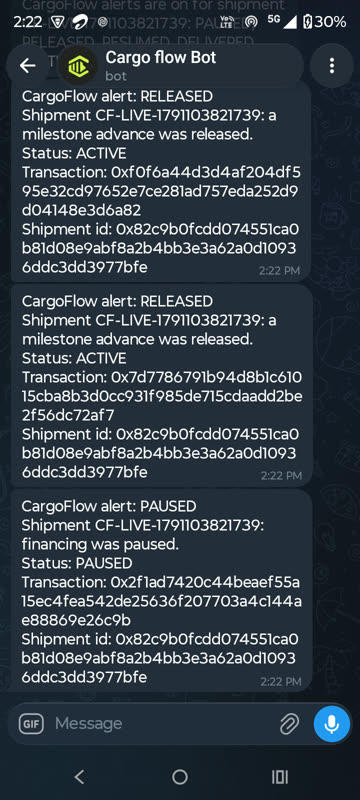 Telegram: two RELEASED alerts and a PAUSED alert, each with status, transaction hash and shipment id.