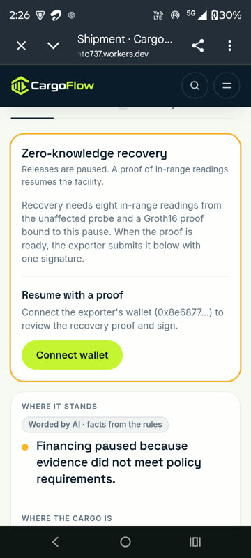 The link opens CargoFlow on the phone at the zero-knowledge recovery card.