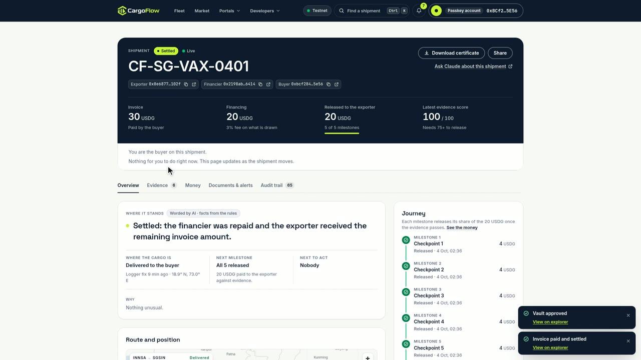 Wei Lin signs in with a passkey, confirms delivery, approves and pays; the shipment is settled.
