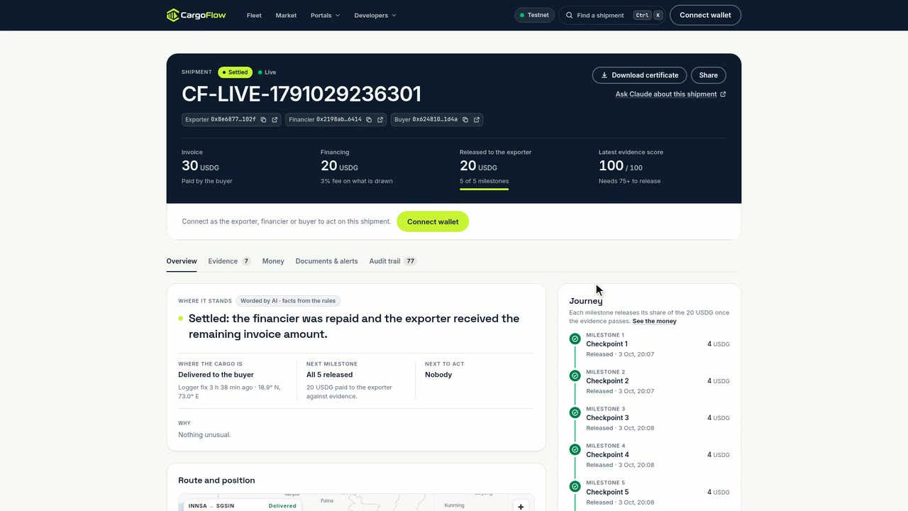 Live dashboard of a settled shipment: invoice 30 USDG, financing 20, 5 of 5 milestones released, evidence score 100.