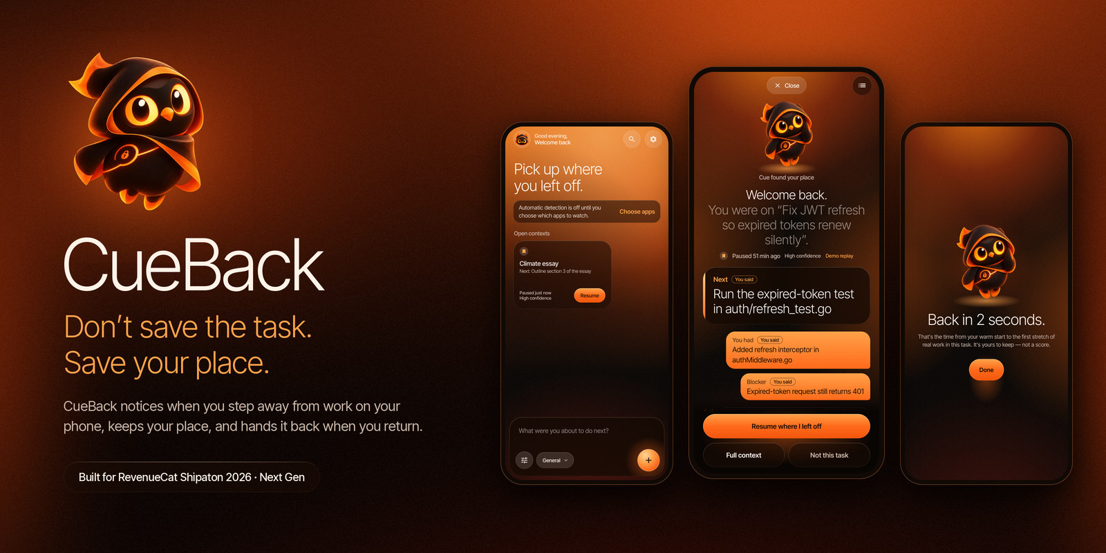 CueBack banner featuring Cue the owl and the app in its dark Ember design