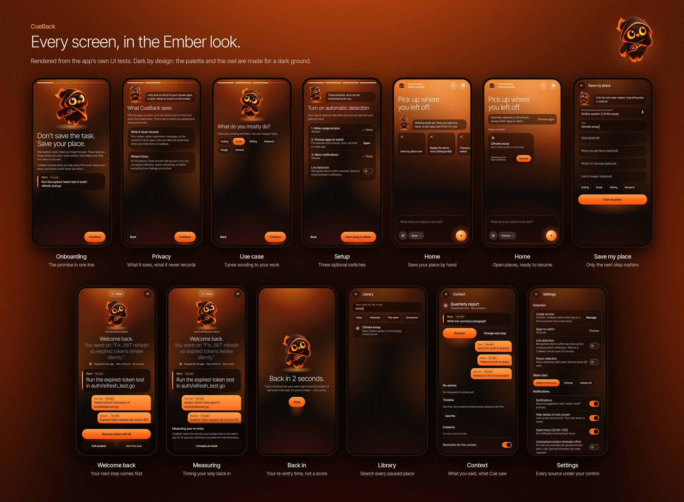 Overview of CueBack screens in the dark Ember design with Cue the owl