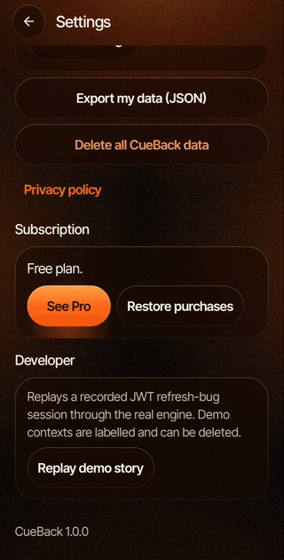 The Pro paywall loads monthly, annual and lifetime plans from RevenueCat; a Test Store purchase ends on You have CueBack Pro