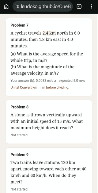 Sharing a Chrome page to CueBack and typing the next step: Redo 7b, convert km to m first