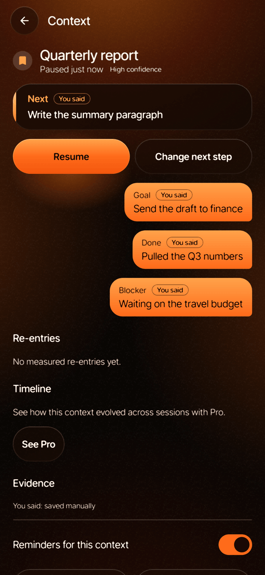 Context detail: notes, artifacts, re-entry history and timeline