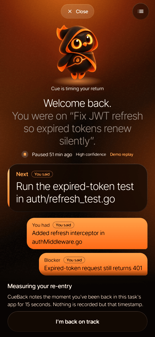 CueBack measuring re-entry while you get back to work