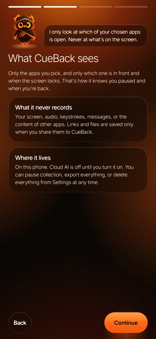 Privacy explainer: what CueBack sees, what it never records, and where the data lives