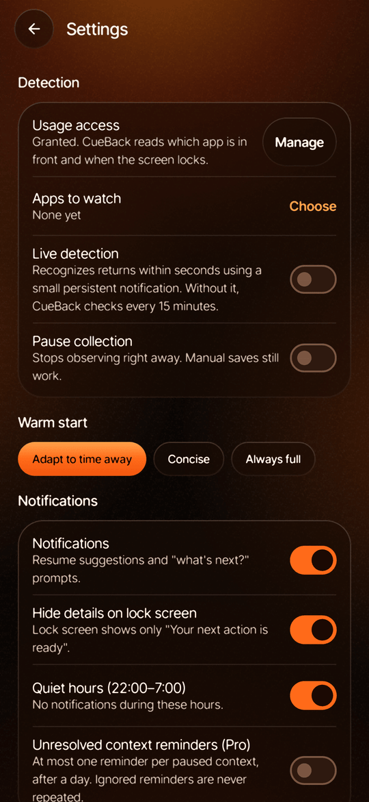 Settings: detection, notifications, privacy controls and subscription