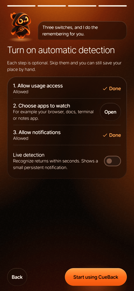 Setup: allow usage access, choose apps to watch, allow notifications and turn on live detection